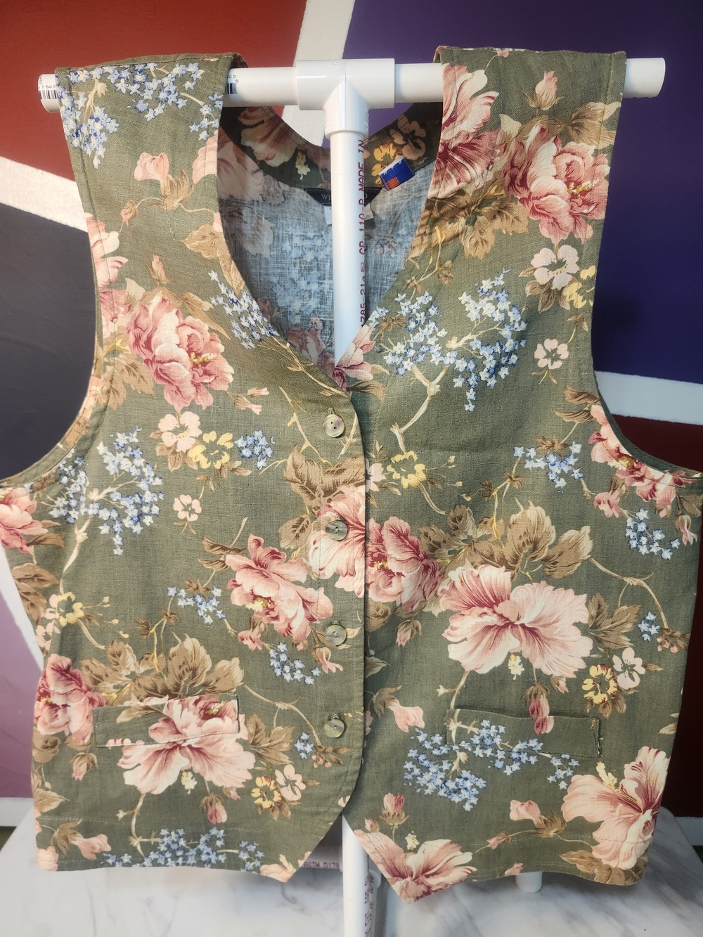 Willow Olive Green Floral Button-Front Women's Vest Linen XL